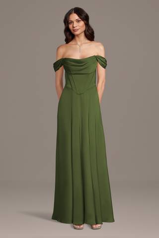 Picture of Matte Satin Basque Waist Off-the-Shoulder Dress